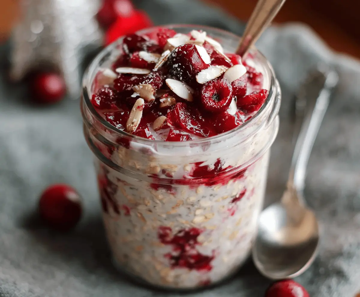 Creamy cranberry overnight oats in a glass jar topped with fresh cranberries and chia seeds, perfect for a healthy breakfast.