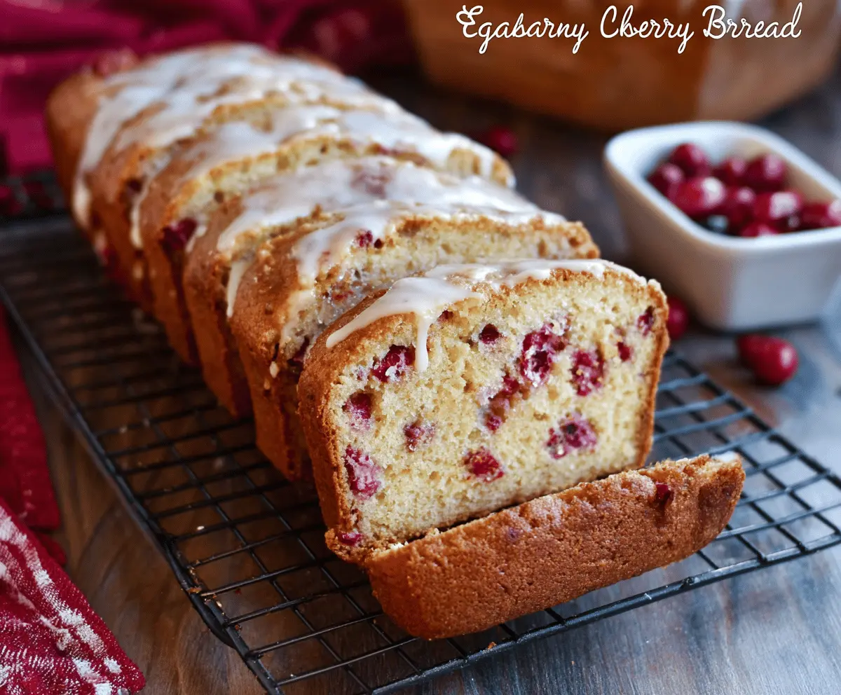 Delicious Eggnog Cranberry Bread garnished with fresh cranberries and a dusting of powdered sugar.