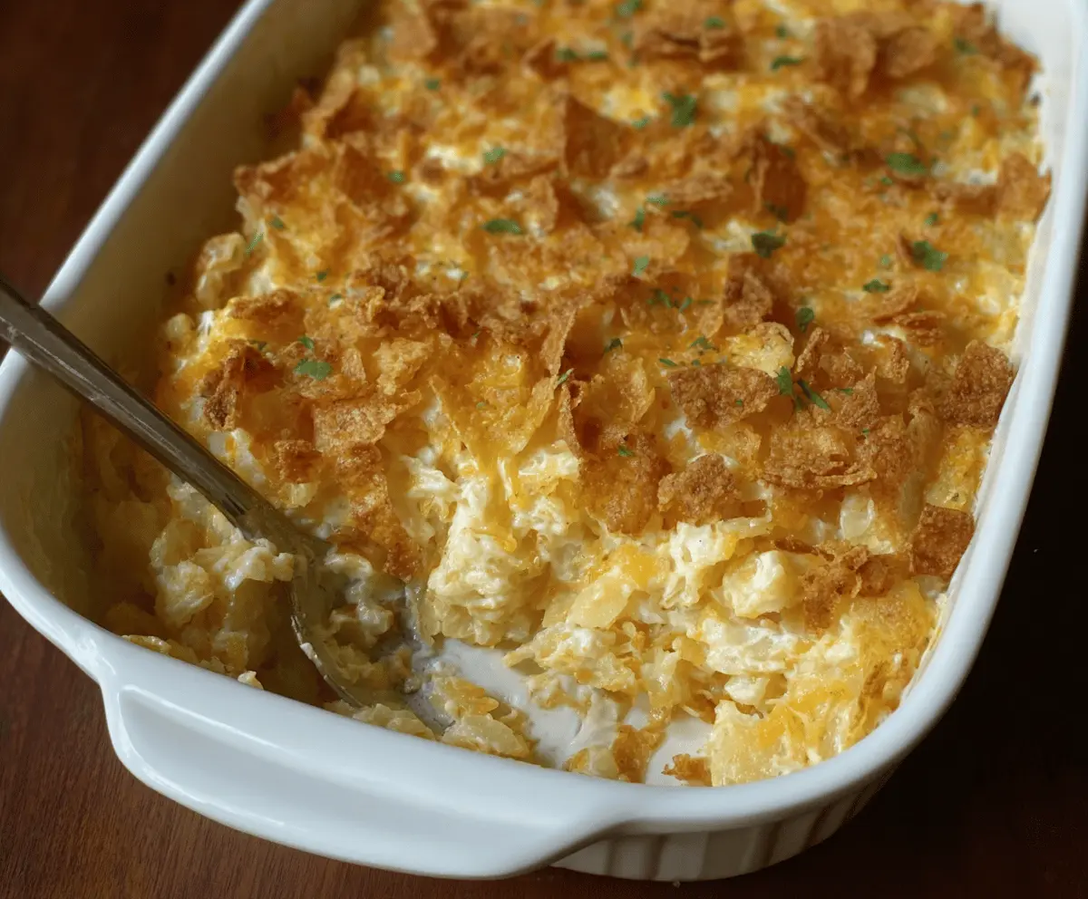 Creamy Funeral Potatoes casserole topped with cheese and crispy onions, perfect for special occasions.