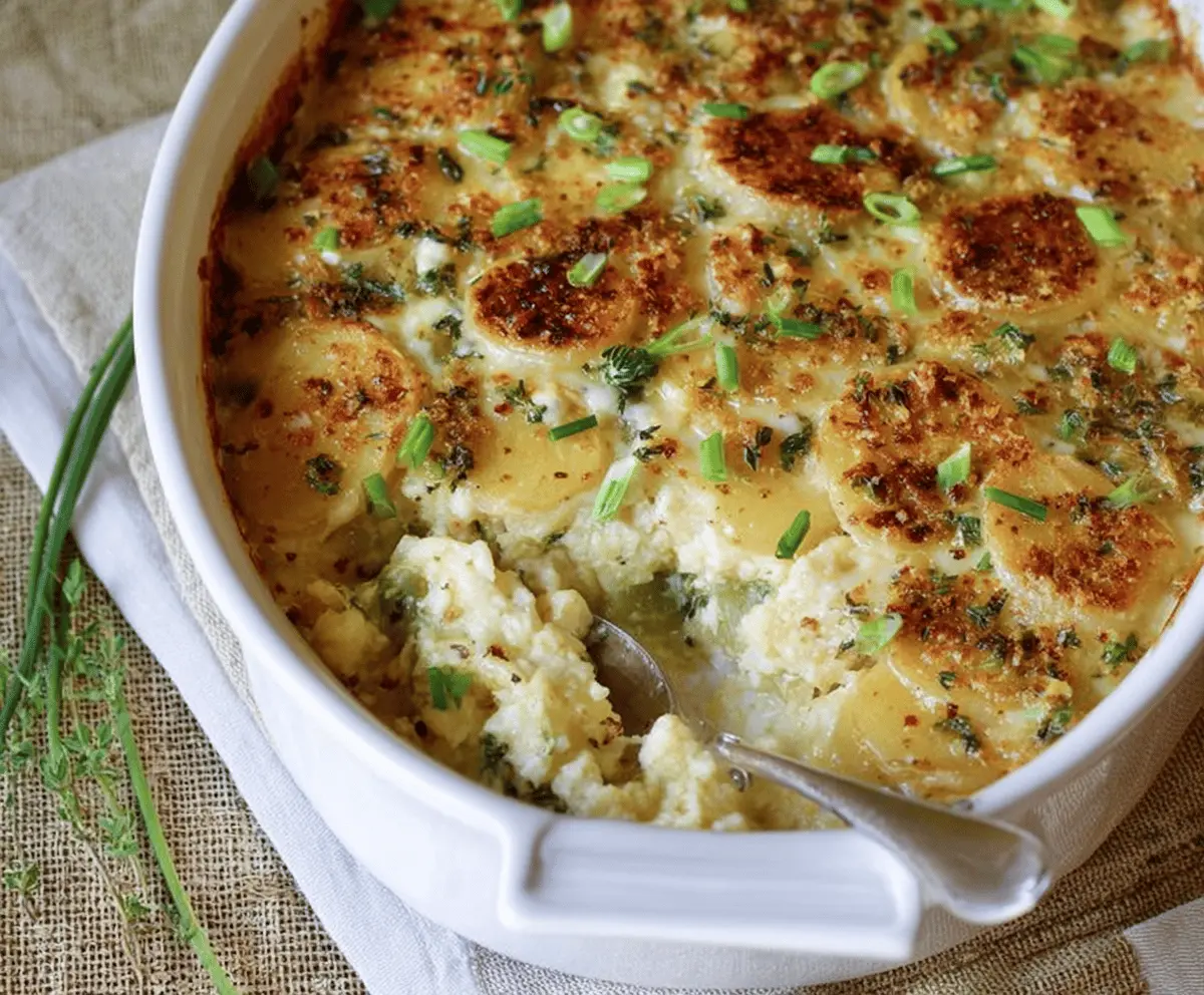 Creamy garlic scalloped potatoes baking in a cheese sauce, perfect for comfort food lovers.
