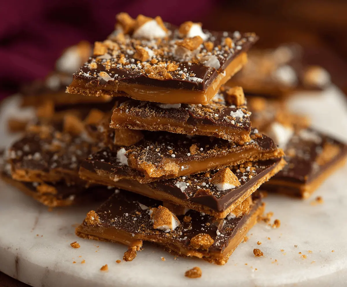 Delicious homemade Graham Cracker Toffee with a glossy caramel coating and crunchy texture.