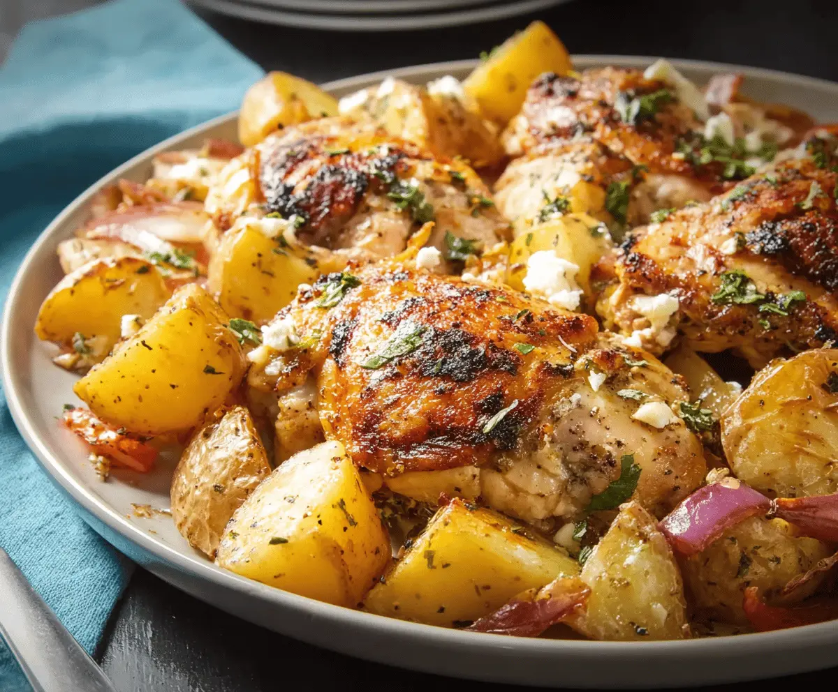 Delicious Greek lemon chicken with roasted potatoes garnished with fresh herbs