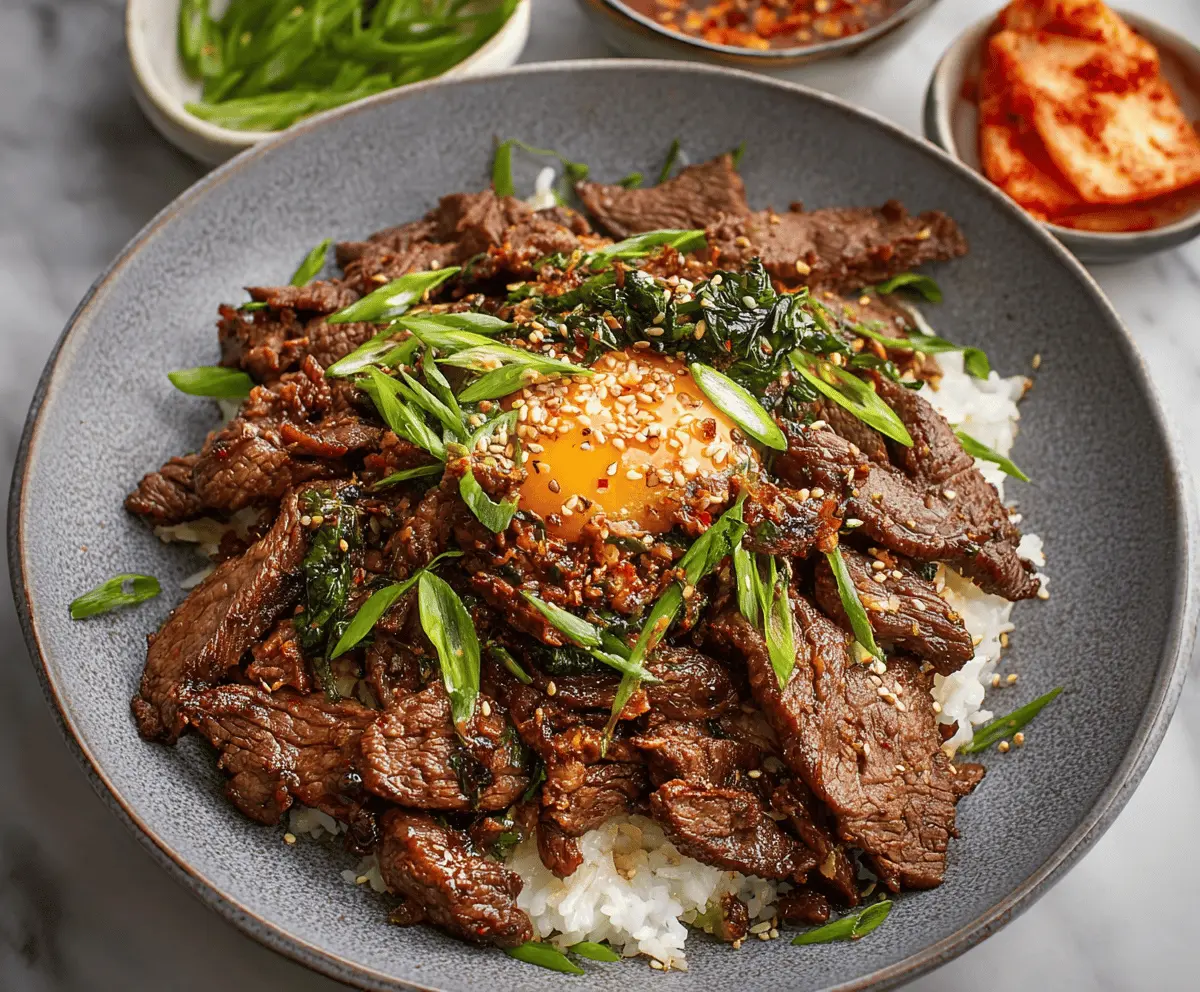 Delicious Korean Beef Bulgogi served with rice and vegetables in a traditional bowl