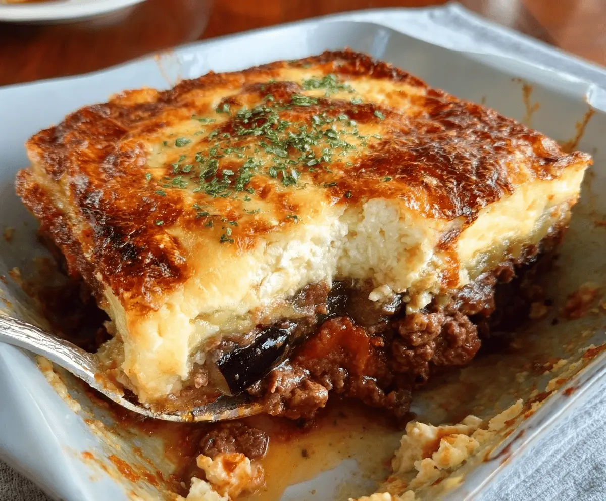 Delicious Lamb Moussaka with layers of seasoned lamb, eggplant, and creamy béchamel sauce