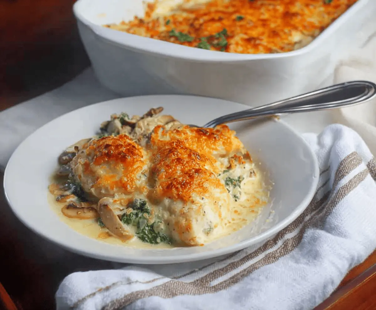 Delicious Low Carb Swiss Chicken Casserole with melted cheese and tender chicken pieces.