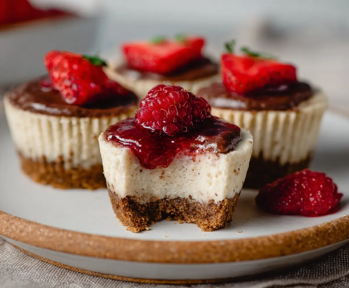 Delicious mini vegan cheesecakes baked to perfection with a creamy topping and fresh fruit garnishes.