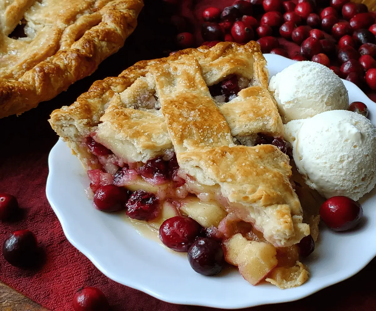 Slices of freshly baked Mom's Cranberry Apple Pie with a golden crust and vibrant cranberry filling