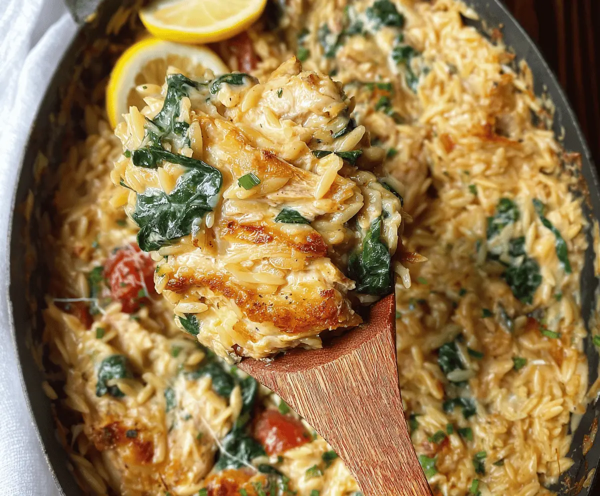 Delicious Monterey Chicken One-Pan Orzo served on a rustic plate with fresh herbs.