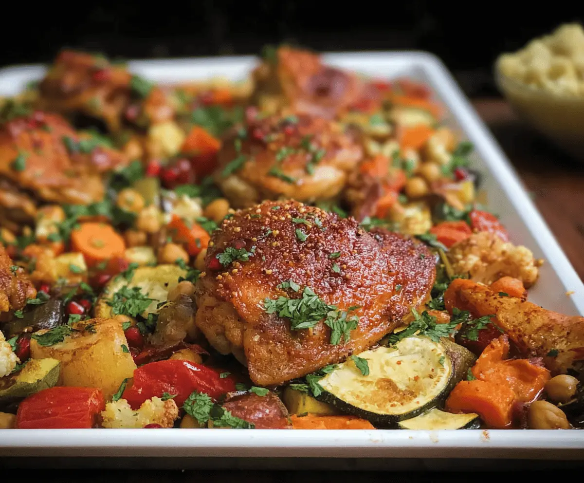 Delicious Moroccan chicken thigh sheet pan dinner with colorful vegetables and aromatic spices.