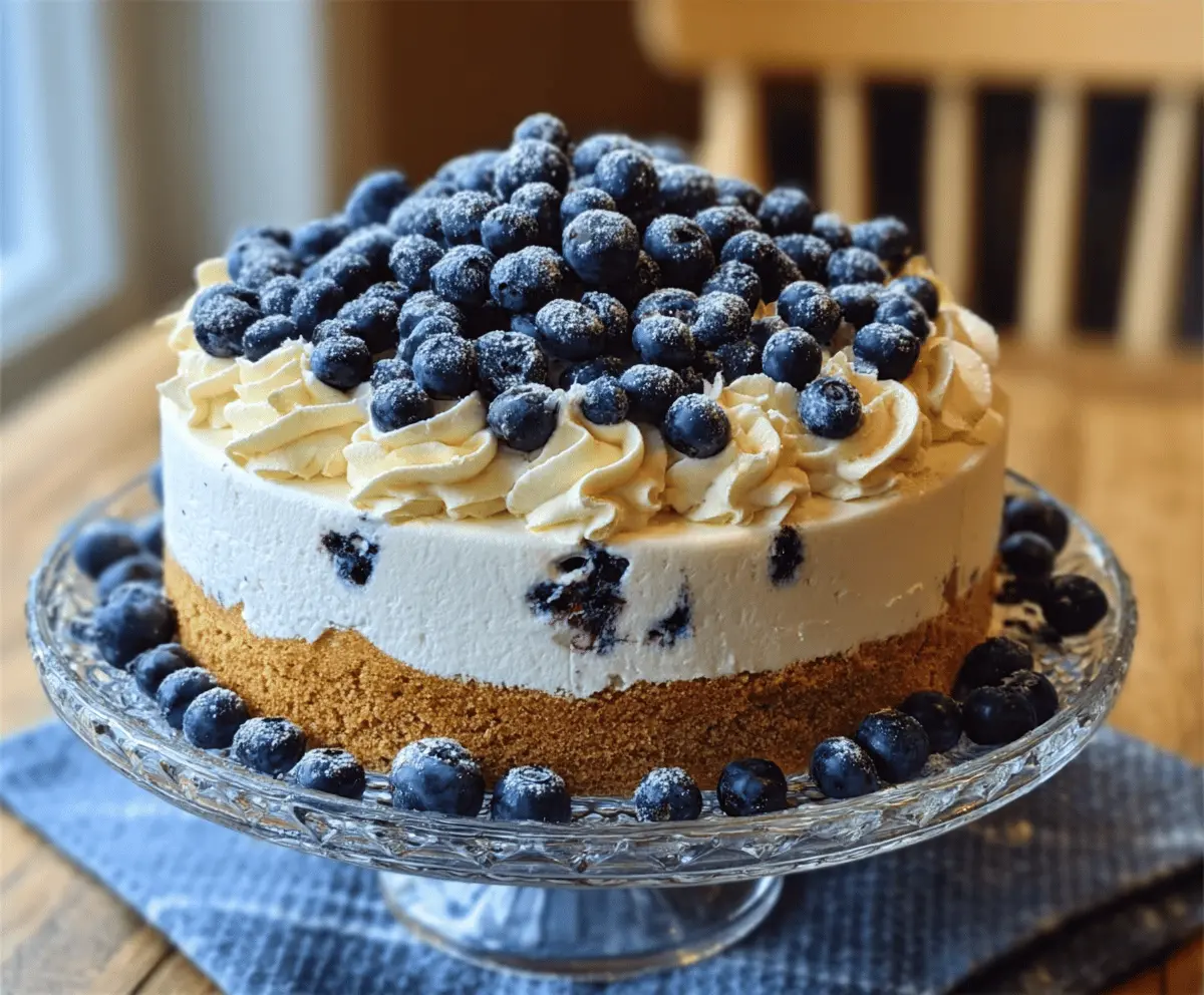 Delicious Nova Scotia Blueberry Cream Cake topped with fresh blueberries and creamy frosting.