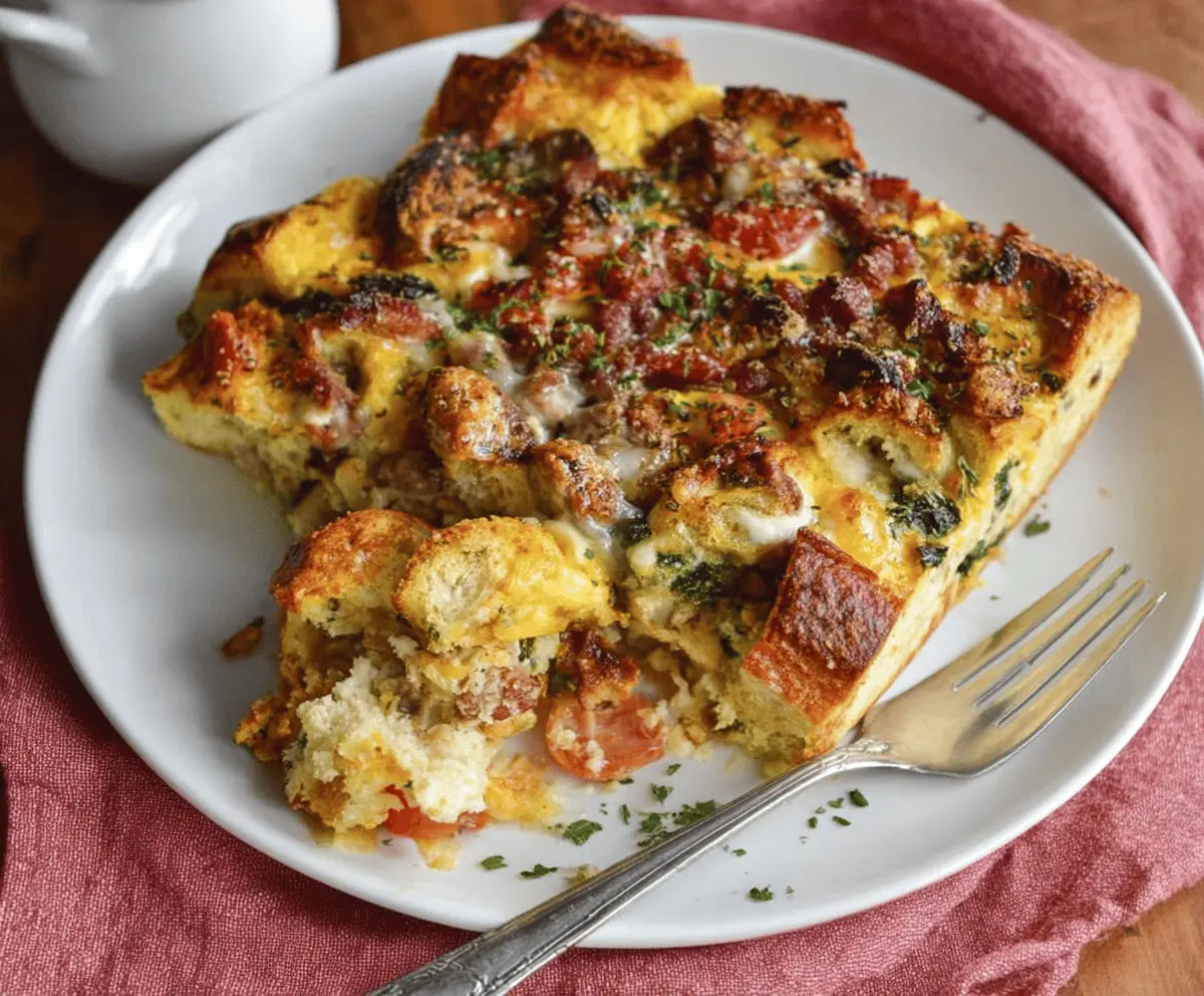 Delicious overnight Italian breakfast strata with layers of bread, cheese, and vegetables in a baking dish.