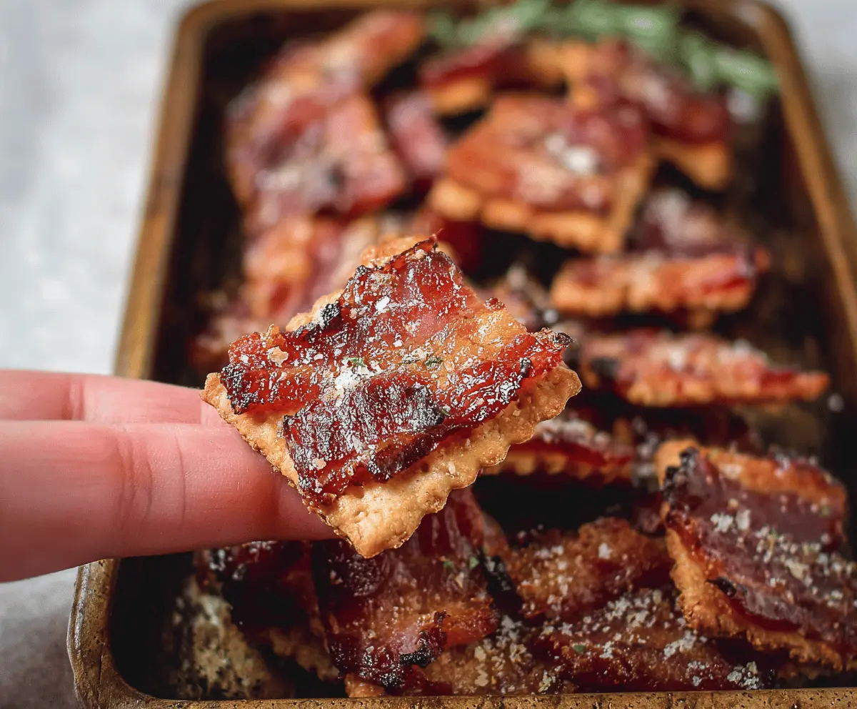 Delicious Parmesan Candied Bacon Crackers garnished with herbs on a rustic platter.