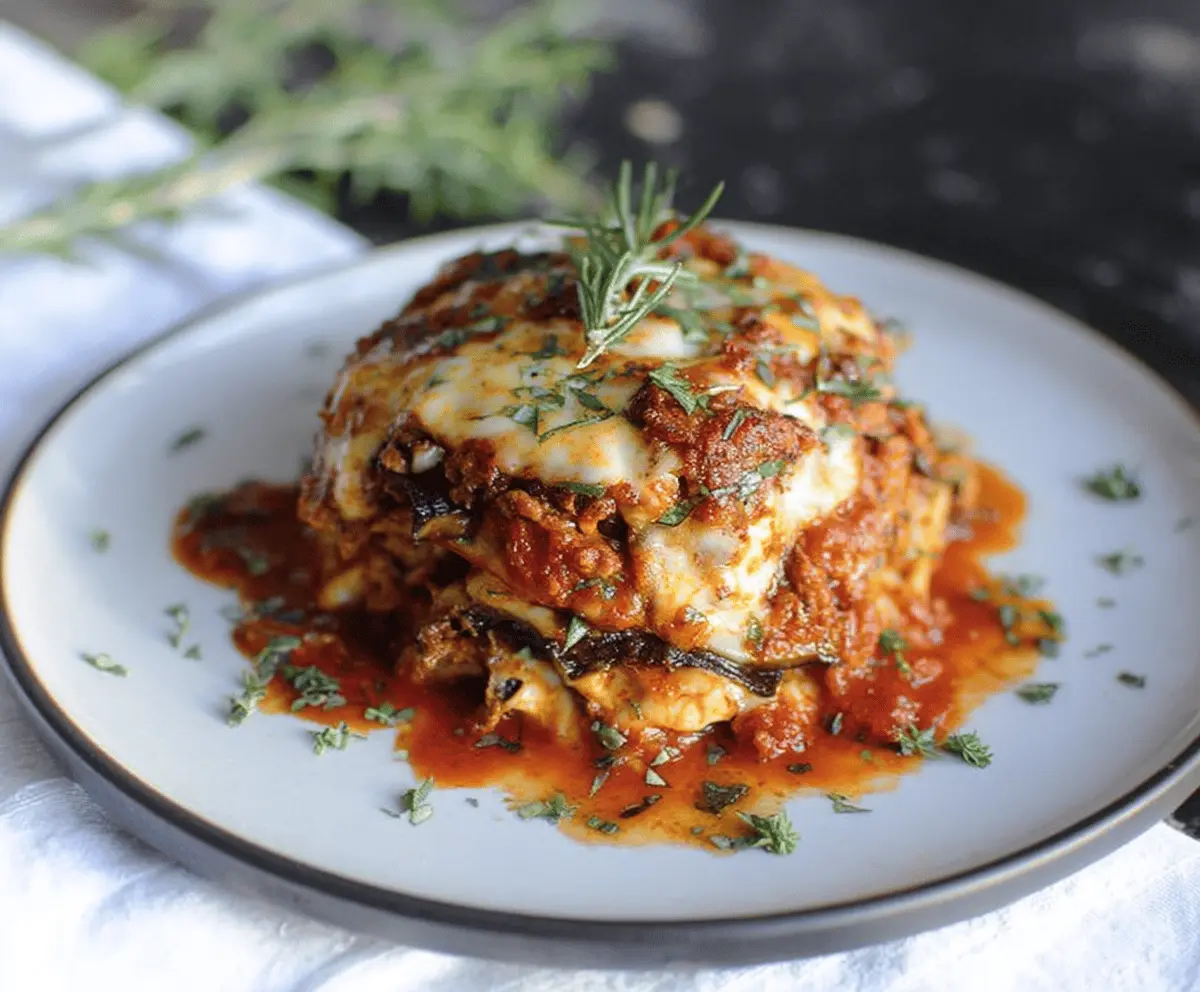 Delicious pasta-less lasagna stackers featuring layers of vegetables, cheese, and marinara sauce.