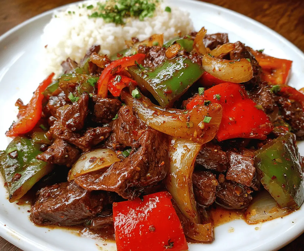 Delicious pepper steak with colorful bell peppers and onions on a plate