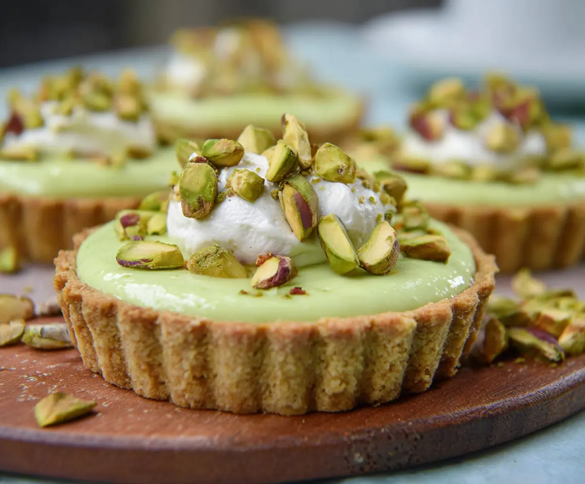 Delicious pistachio pudding tart with a creamy filling and a graham cracker crust, garnished with chopped pistachios.