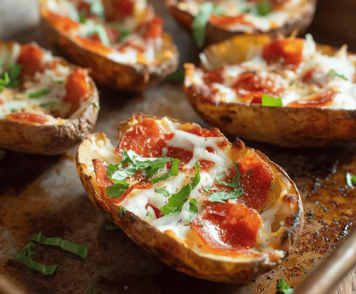 Delicious pizza potato skins topped with melted cheese, pepperoni, and fresh herbs.