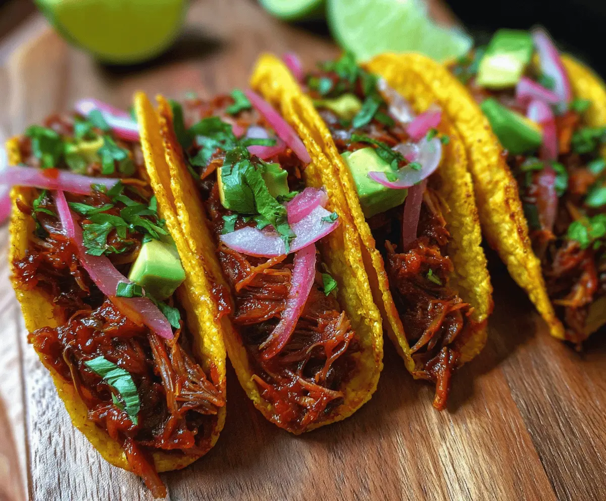 Delicious pulled mushroom tacos with fresh toppings on a rustic plate