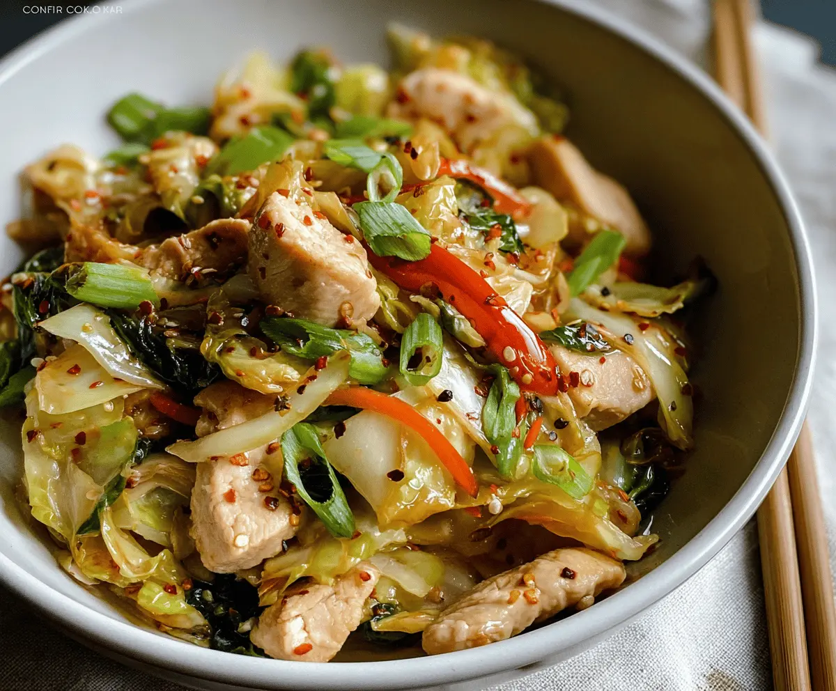 Delicious quick chicken and cabbage stir-fry in a wok, showcasing a healthy Asian-inspired meal.
