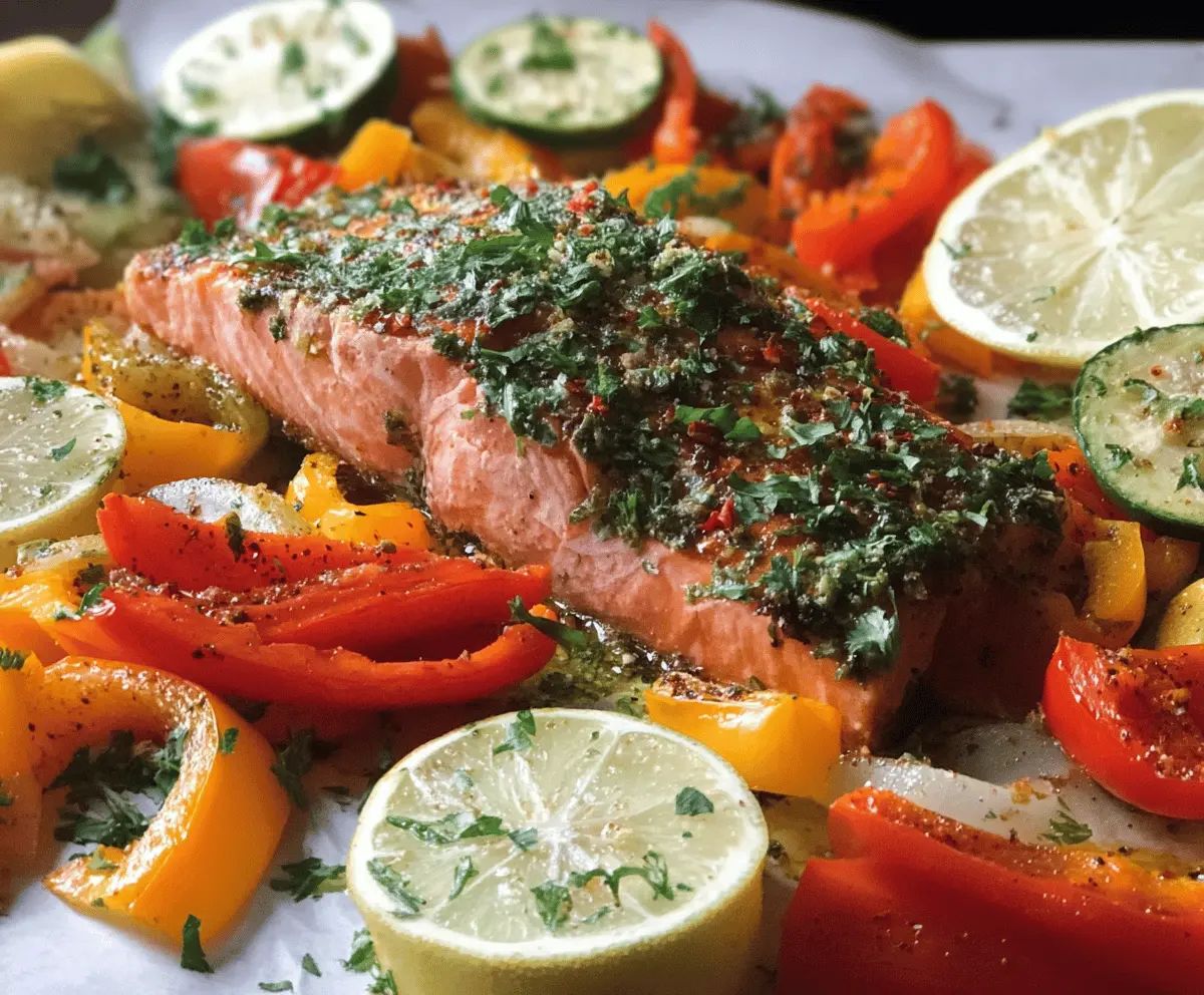 Baked salmon fillet with colorful bell peppers on a sheet pan for a healthy dinner