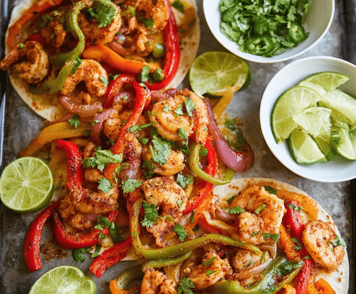 Colorful sheet pan shrimp fajitas with bell peppers and onions, ready for serving.