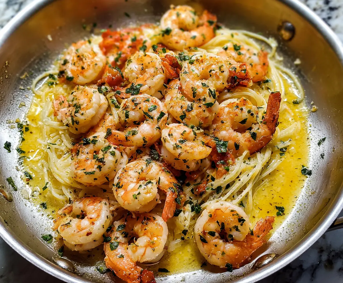 Delicious shrimp scampi served on a white plate with lemon wedges and fresh herbs.