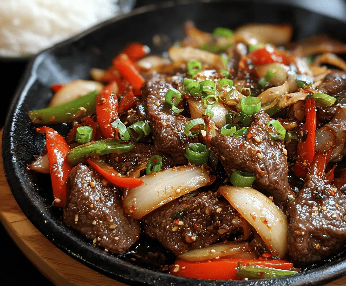 Delicious Chinese Pepper Steak with Onions served sizzling hot in a pan.