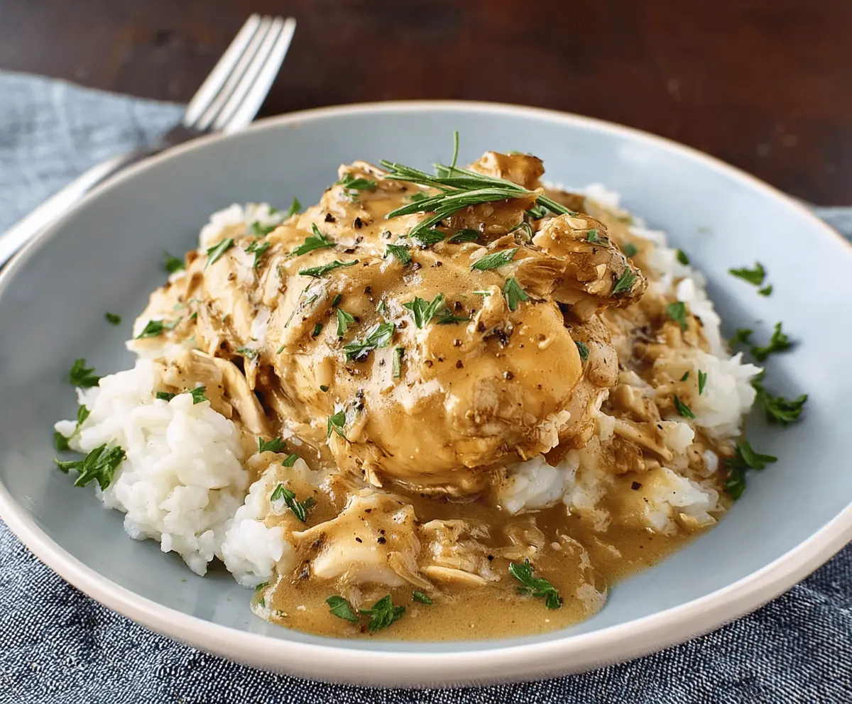Delicious slow cooker chicken with rich gravy served on a plate.