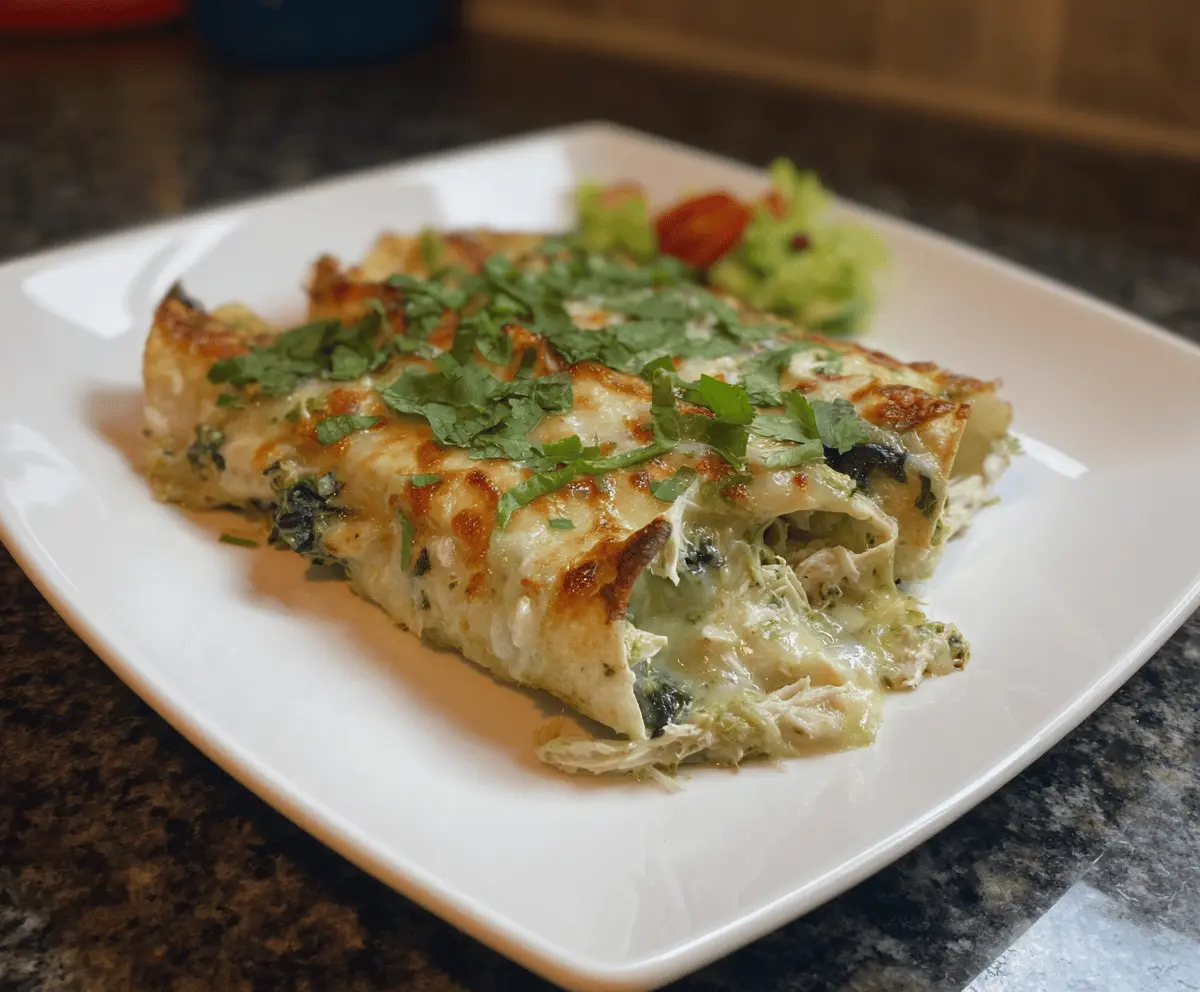 Delicious spinach and artichoke chicken enchiladas served on a plate with melted cheese and fresh herbs.