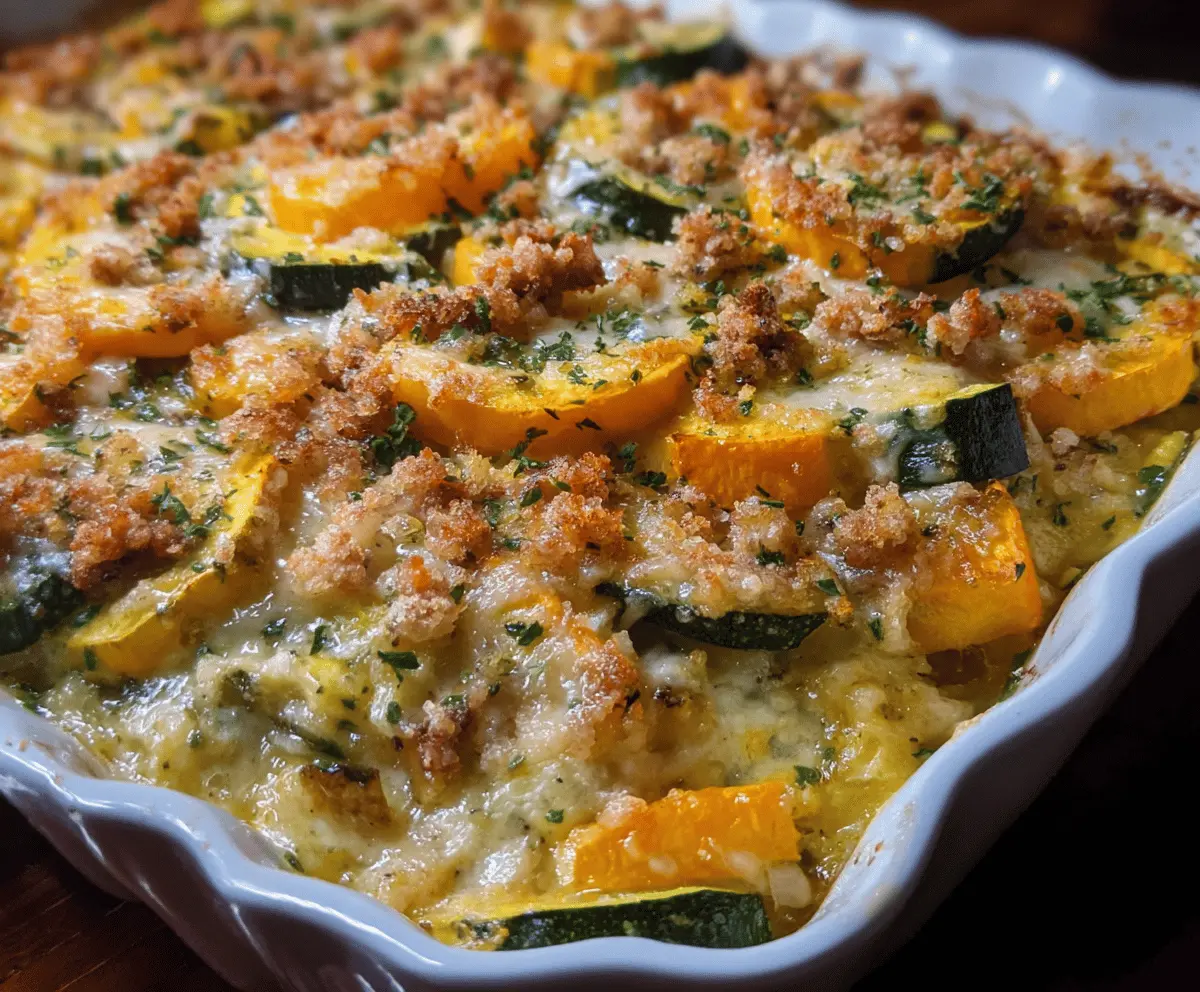 Delicious baked squash casserole with golden crust and fresh vegetables.
