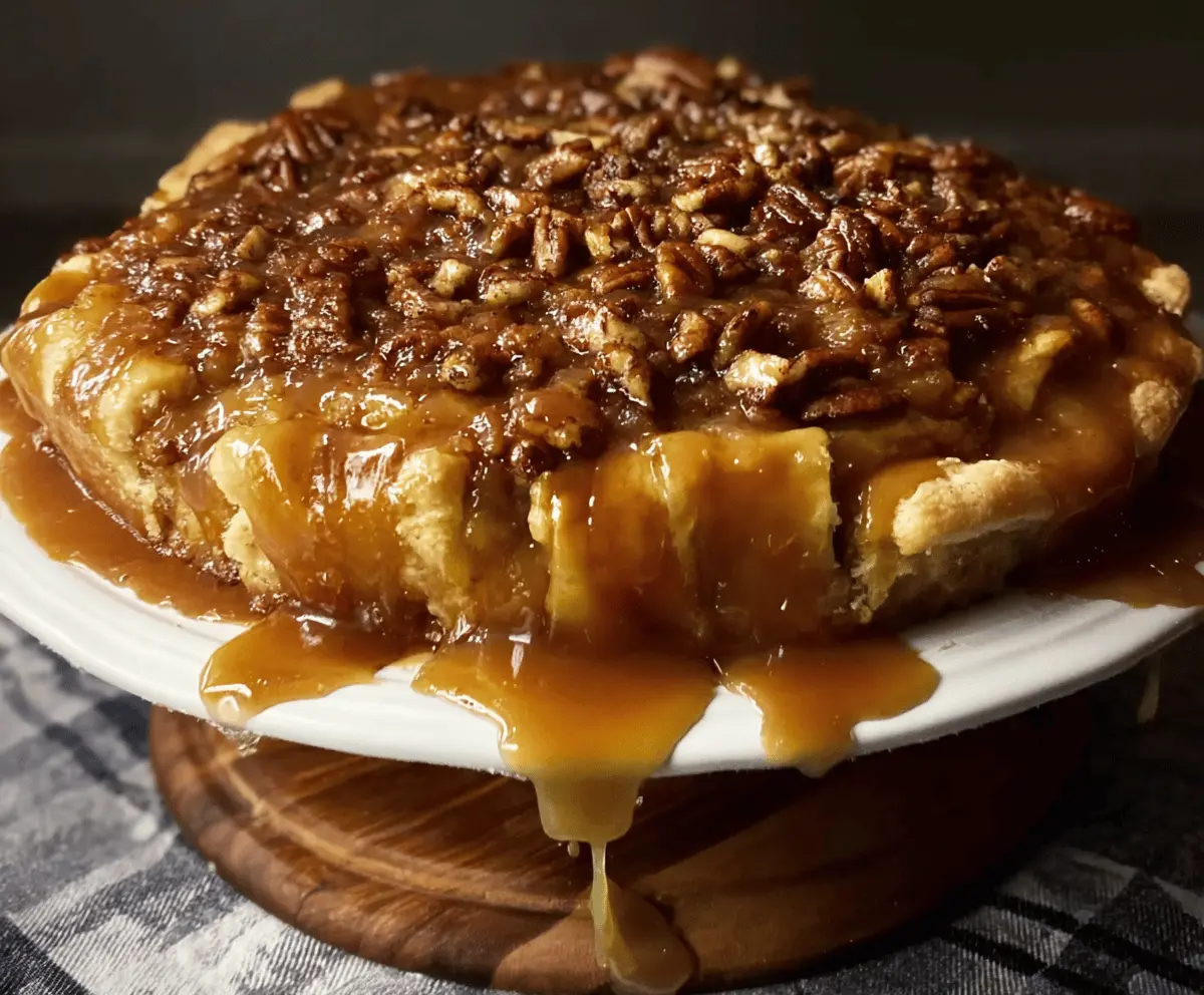Delicious upside-down caramel apple pie topped with caramel drizzle and fresh apple slices