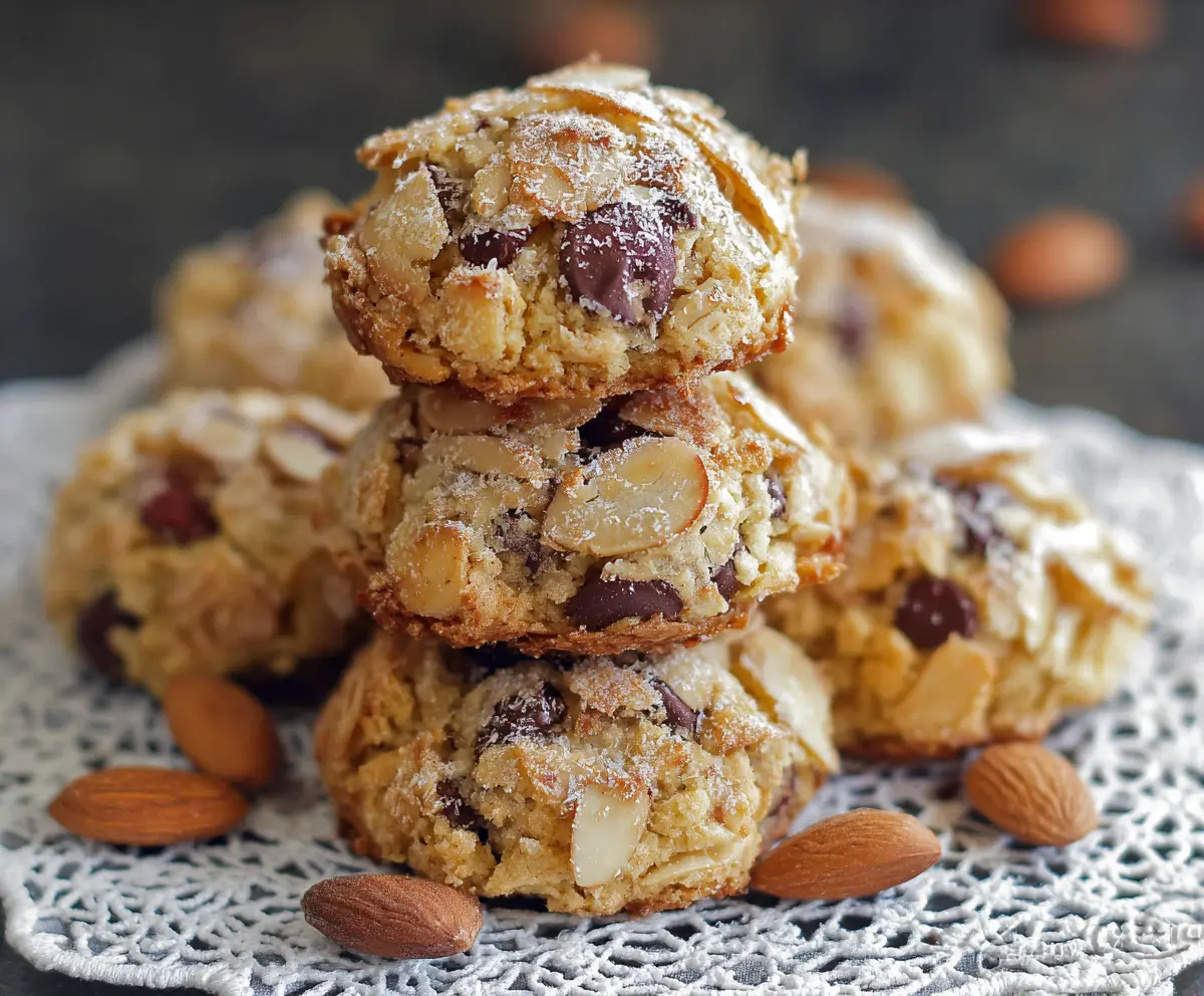 Delicious almond chocolate chip cookies on a baking sheet, showing golden-brown edges and melty chocolate chips.