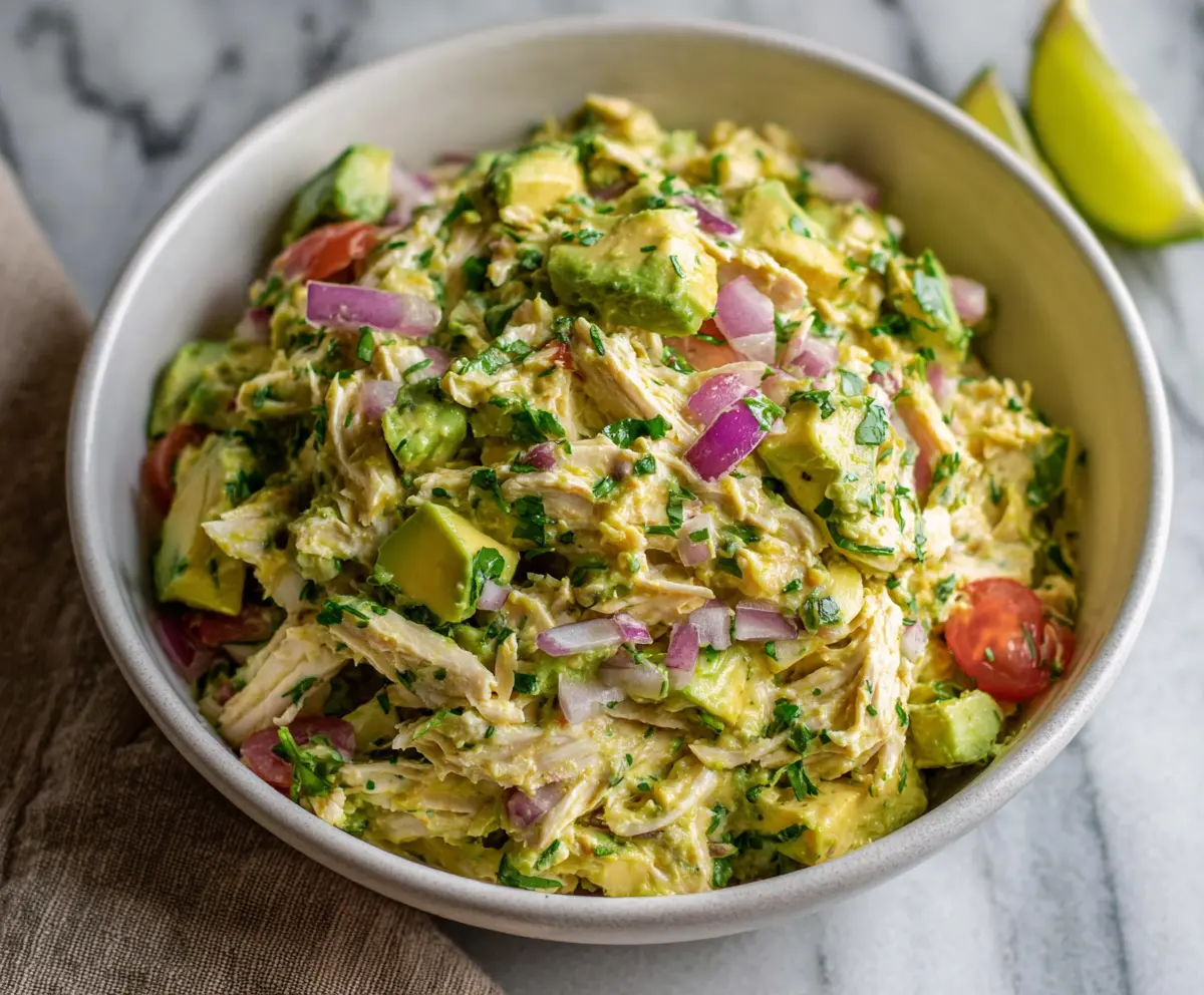 Fresh avocado chicken salad with high protein content and no mayo, served in a white bowl with greens.