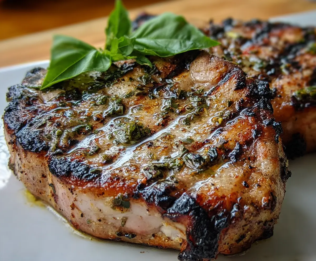 Juicy Basil-Garlic Grilled Pork Chops on a platter, garnished with fresh herbs and lemon wedges.