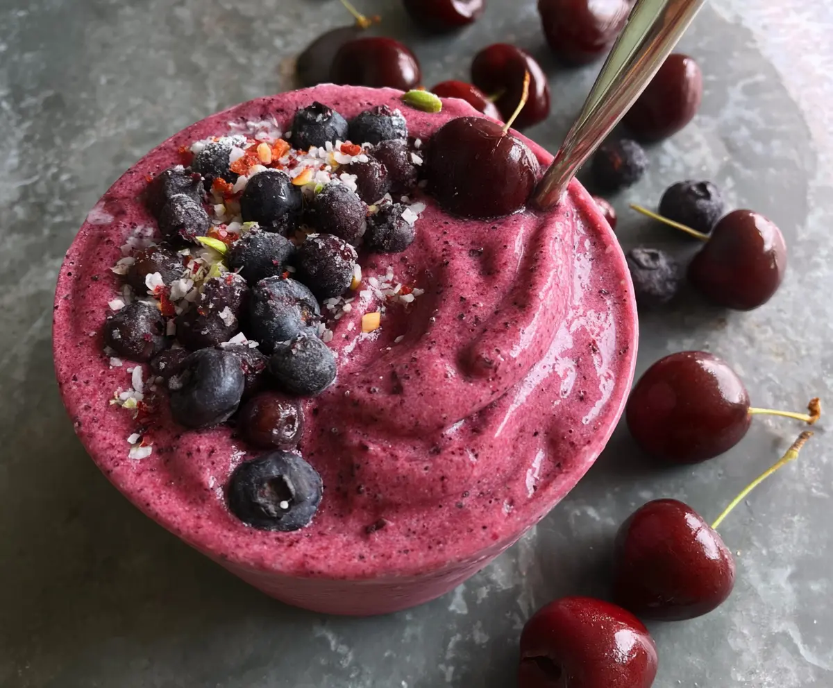 Refreshing blueberry cherry smoothie in a glass with fresh berries on a bright table.
