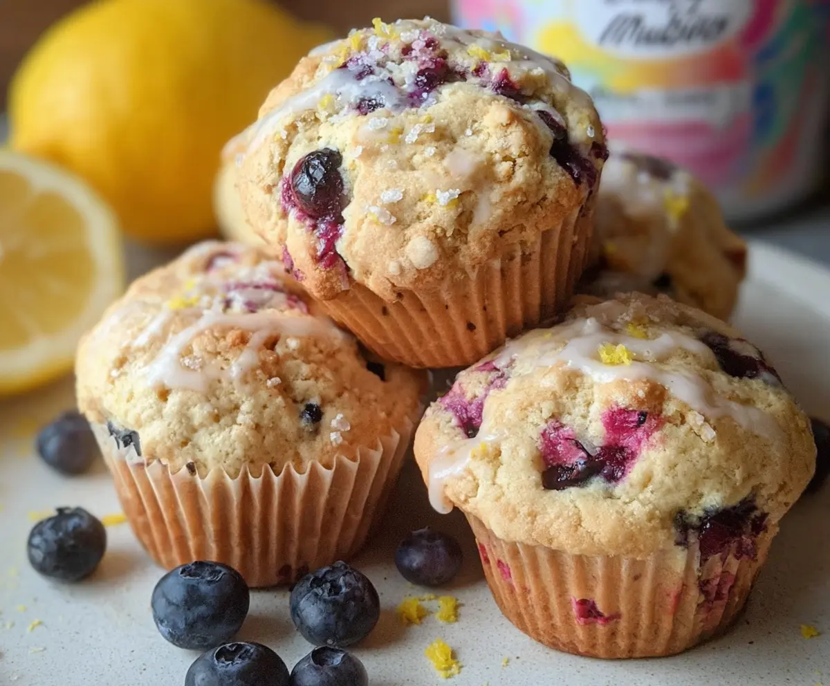 Delicious blueberry lemon cake muffins with fresh blueberries and zesty lemon glaze.