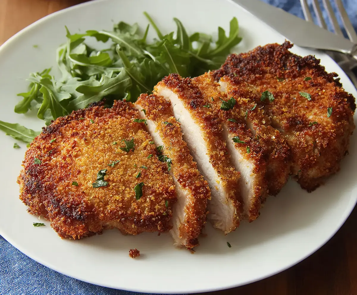 Crispy air fryer breaded pork chops served on a plate with side vegetables