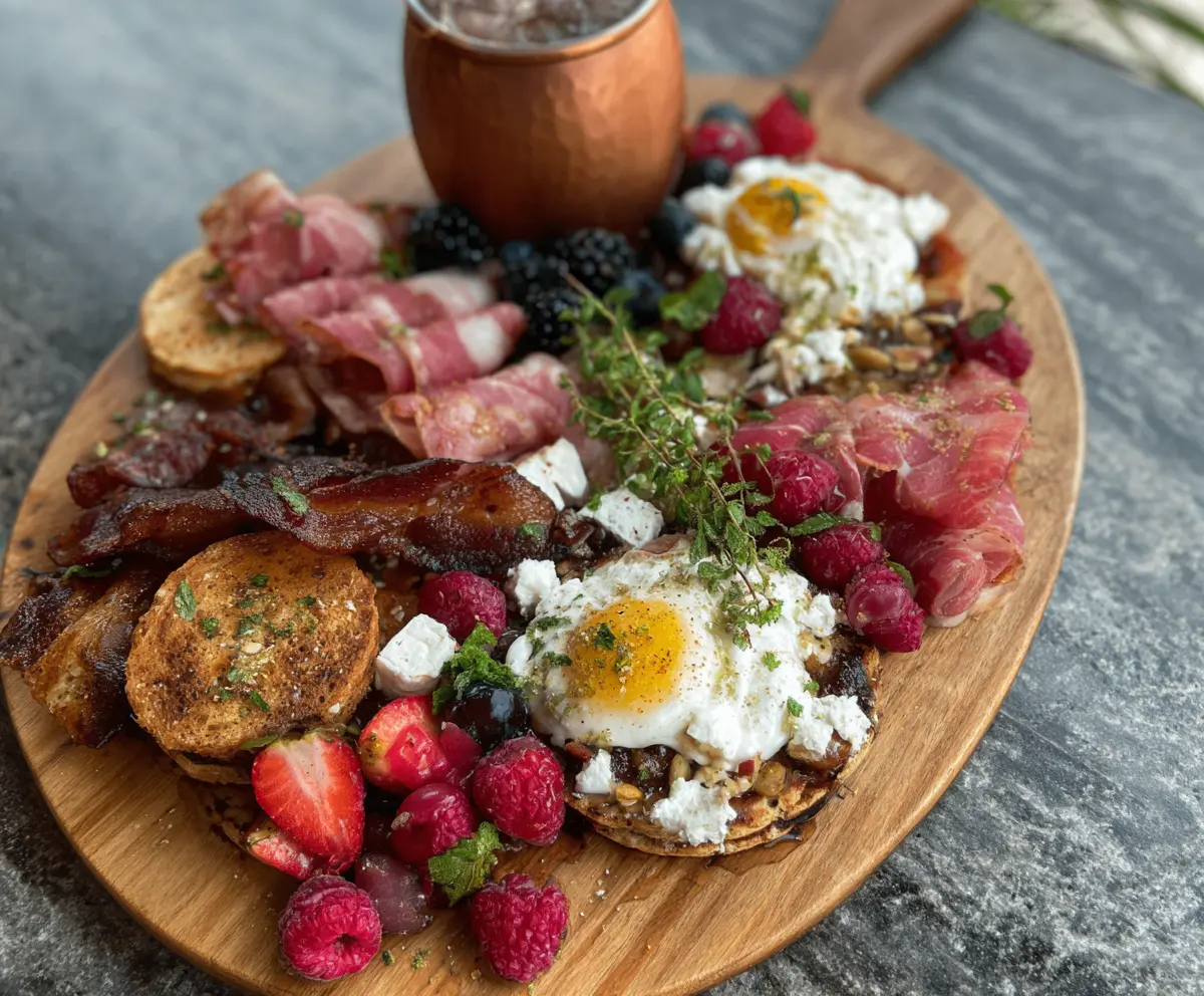 Delicious brunch charcuterie platter featuring protein-packed pan-tinis and assorted meats and cheeses