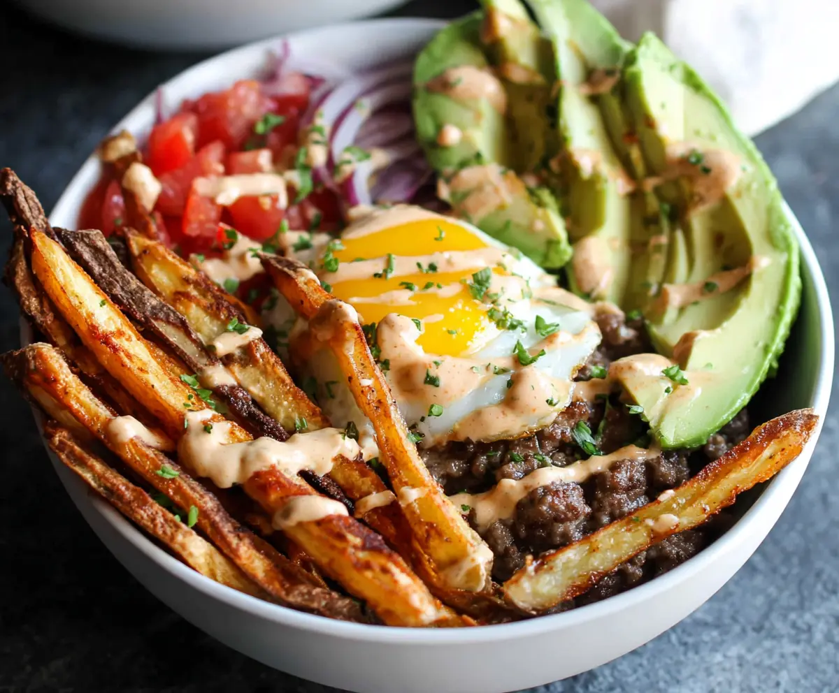 Delicious Burger Bowls with crispy fries, perfect for a Whole30-friendly meal.