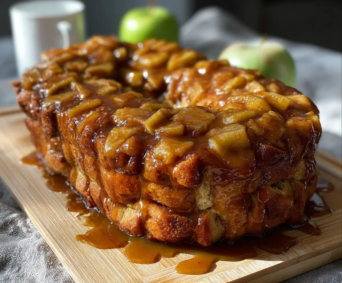 Delicious Dairy-Free Caramel Apple Monkey Bread on a plate with caramel drizzle.