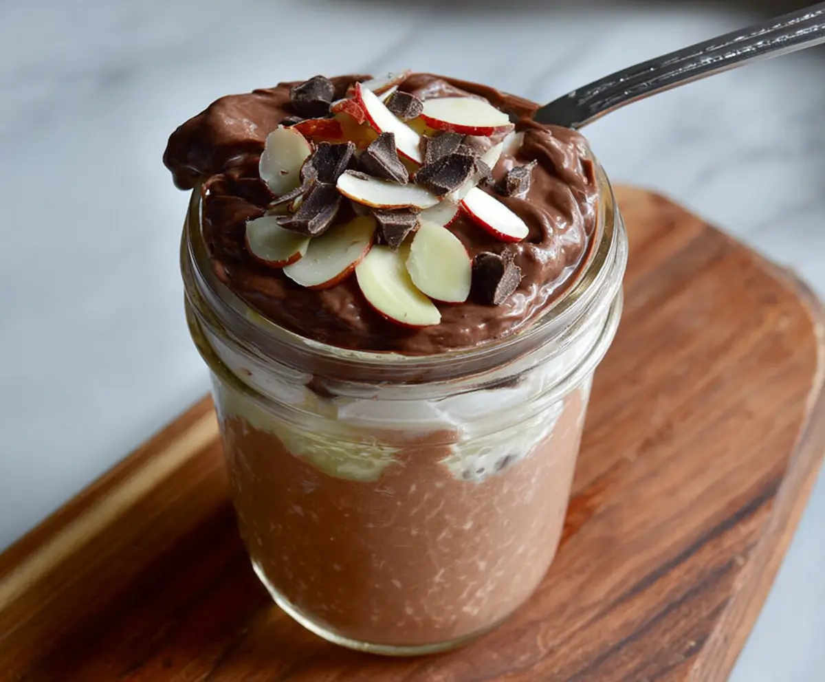 Delicious chocolate almond parfait layered with creamy yogurt and topped with sliced almonds and cocoa powder.