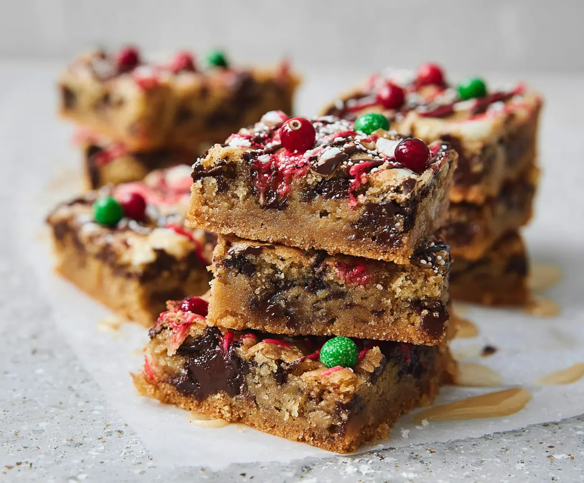 Delicious Christmas blondies with festive red and green sprinkles on a holiday plate.