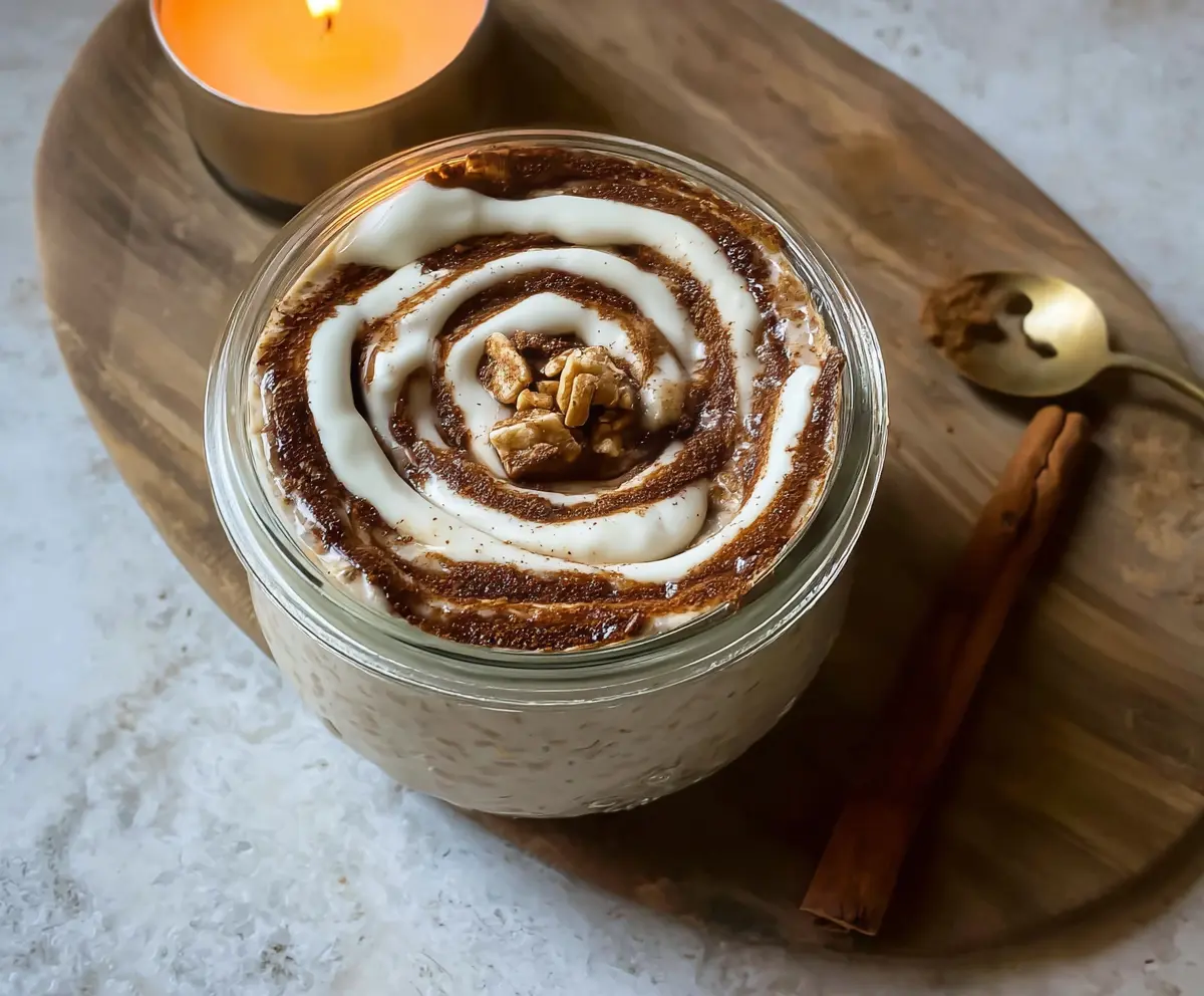 Creamy cinnamon roll overnight oats in a glass jar topped with icing and cinnamon.