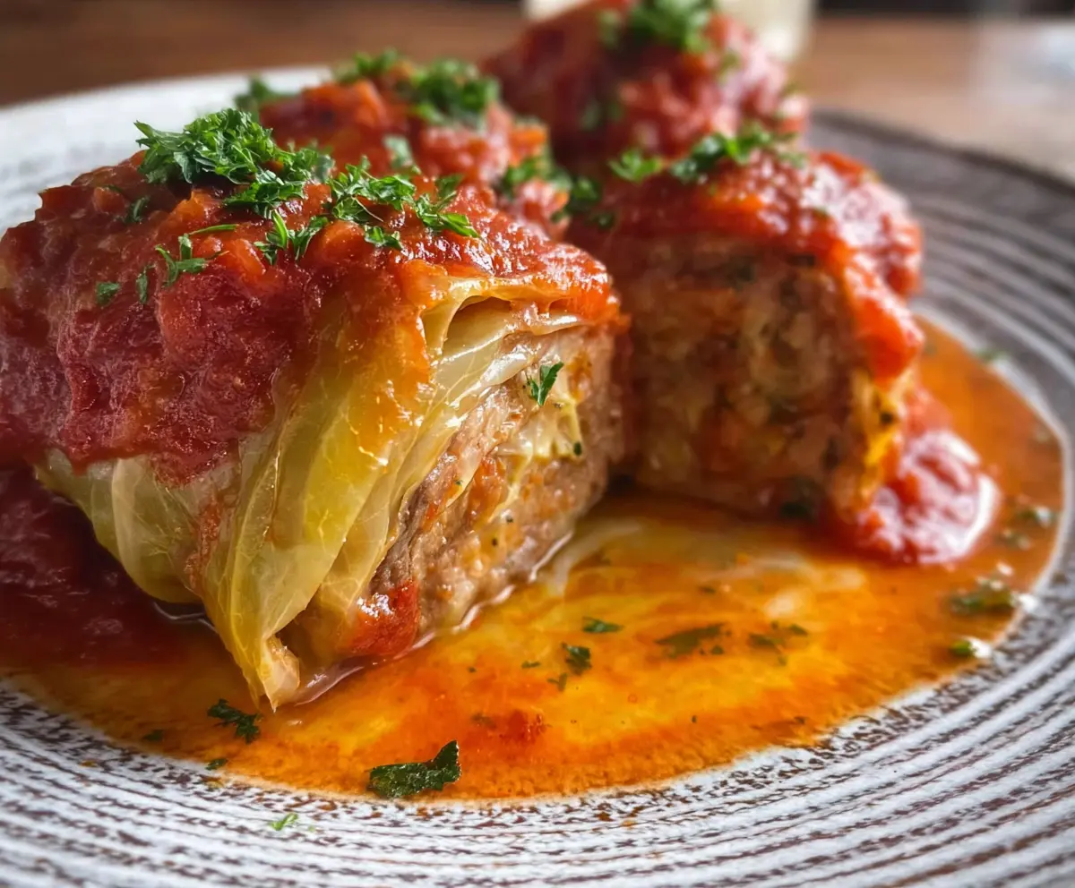 Delicious classic stuffed cabbage served on a plate, with tender cabbage leaves filled with savory meat and rice.