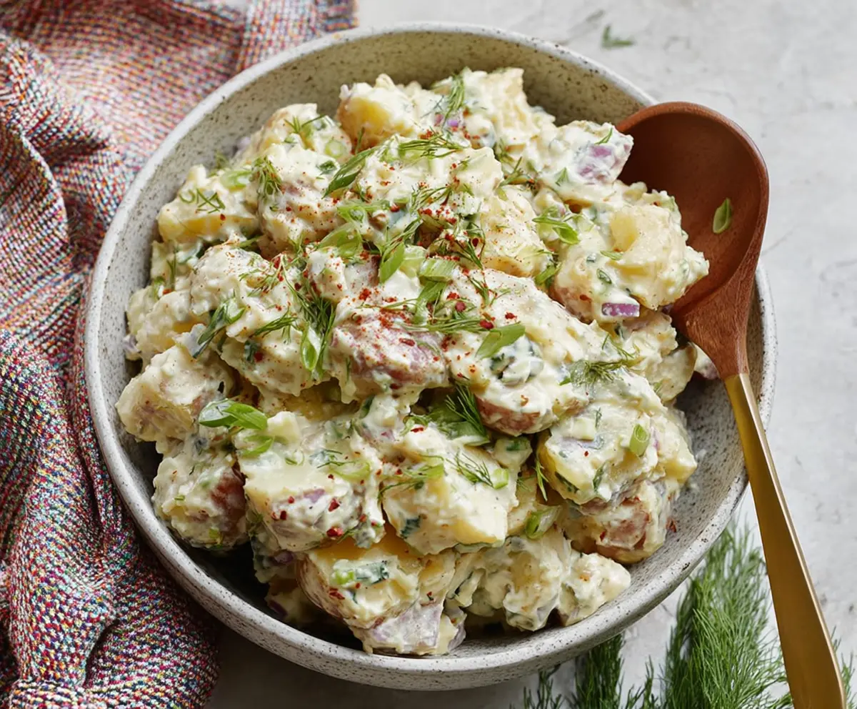 Creamy Whole30 Potato Salad garnished with herbs on a rustic wooden table.