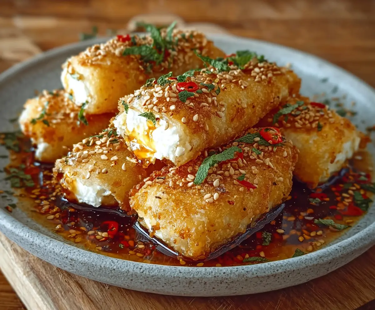 Crispy Oven Fried Feta Rolls with Chili Honey