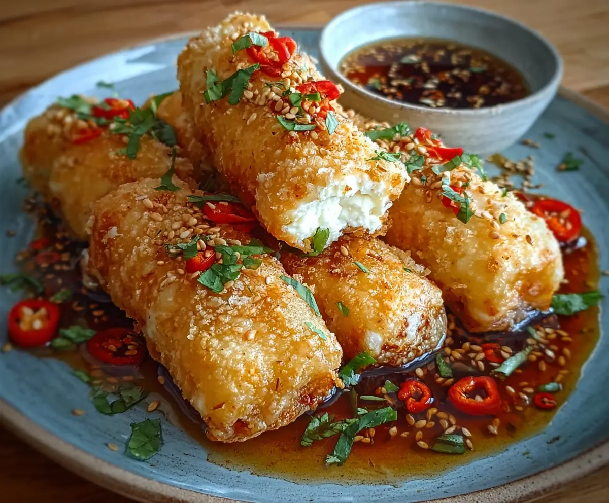 Crispy oven fried feta rolls drizzled with chili honey on a white plate
