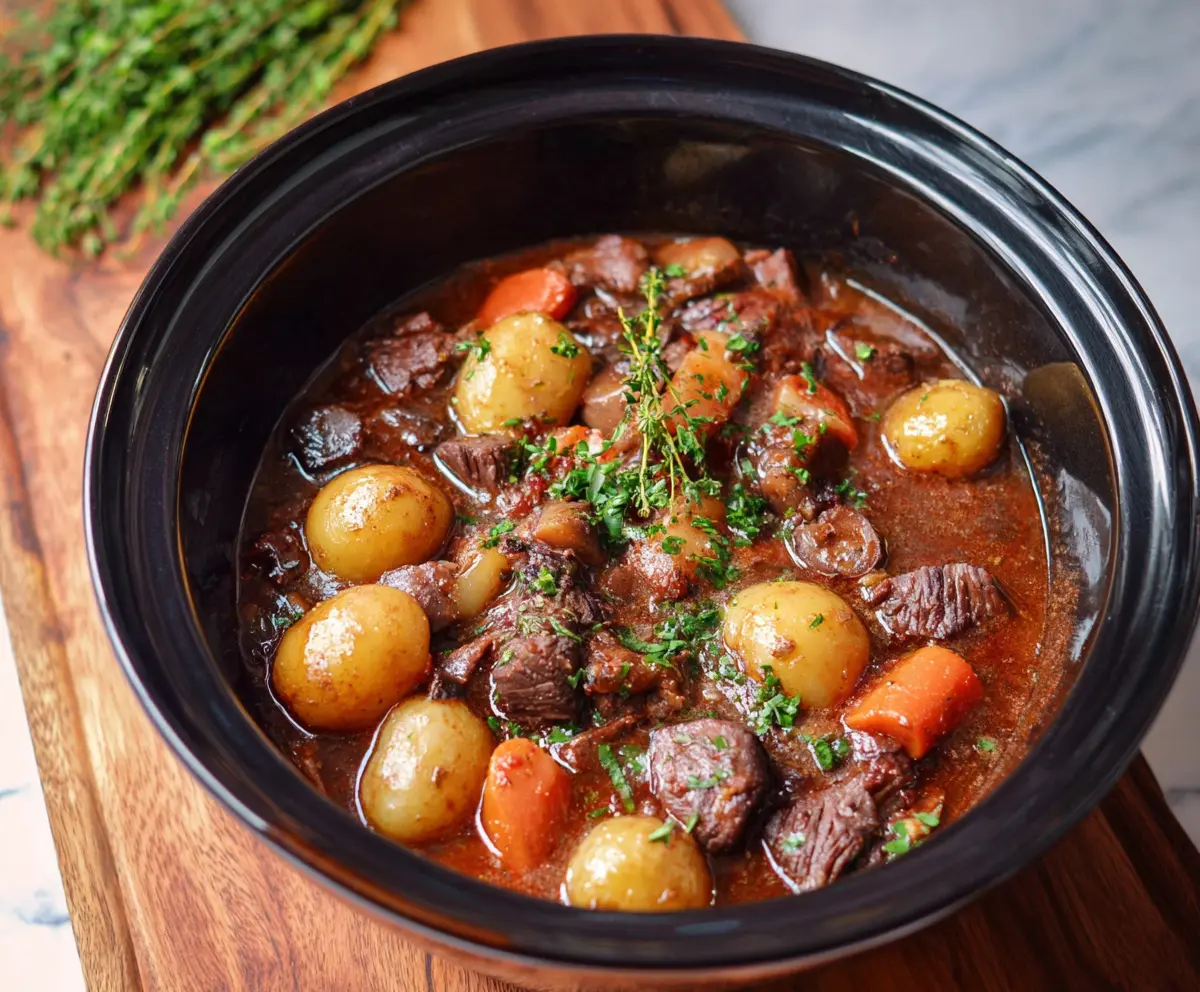 Delicious Crockpot Beef Bourguignon with tender beef, mushrooms, and rich red wine sauce in a slow cooker.