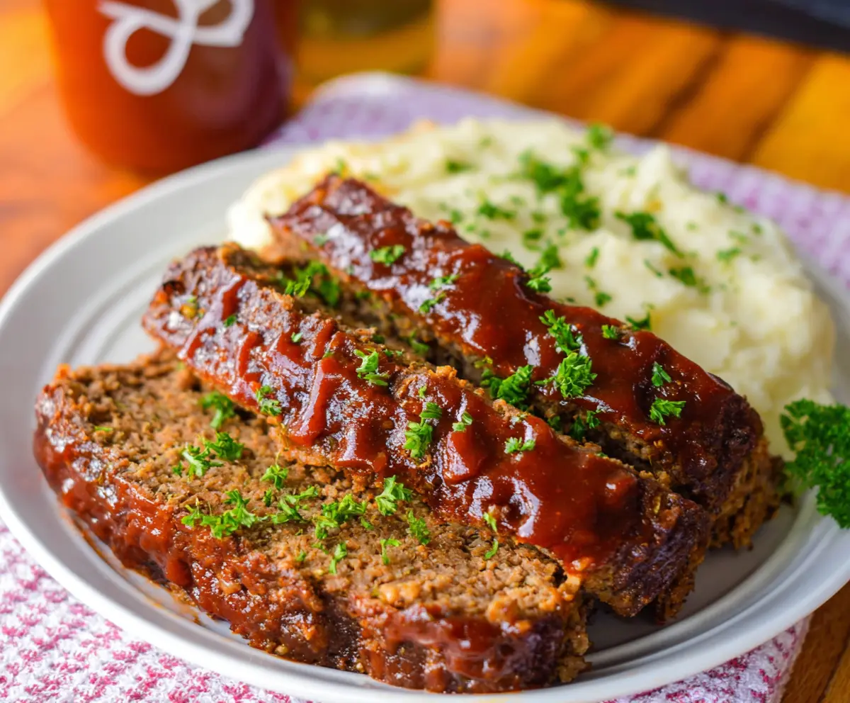 Delicious Crockpot Dr. Pepper Meatloaf served on a plate with fresh herbs