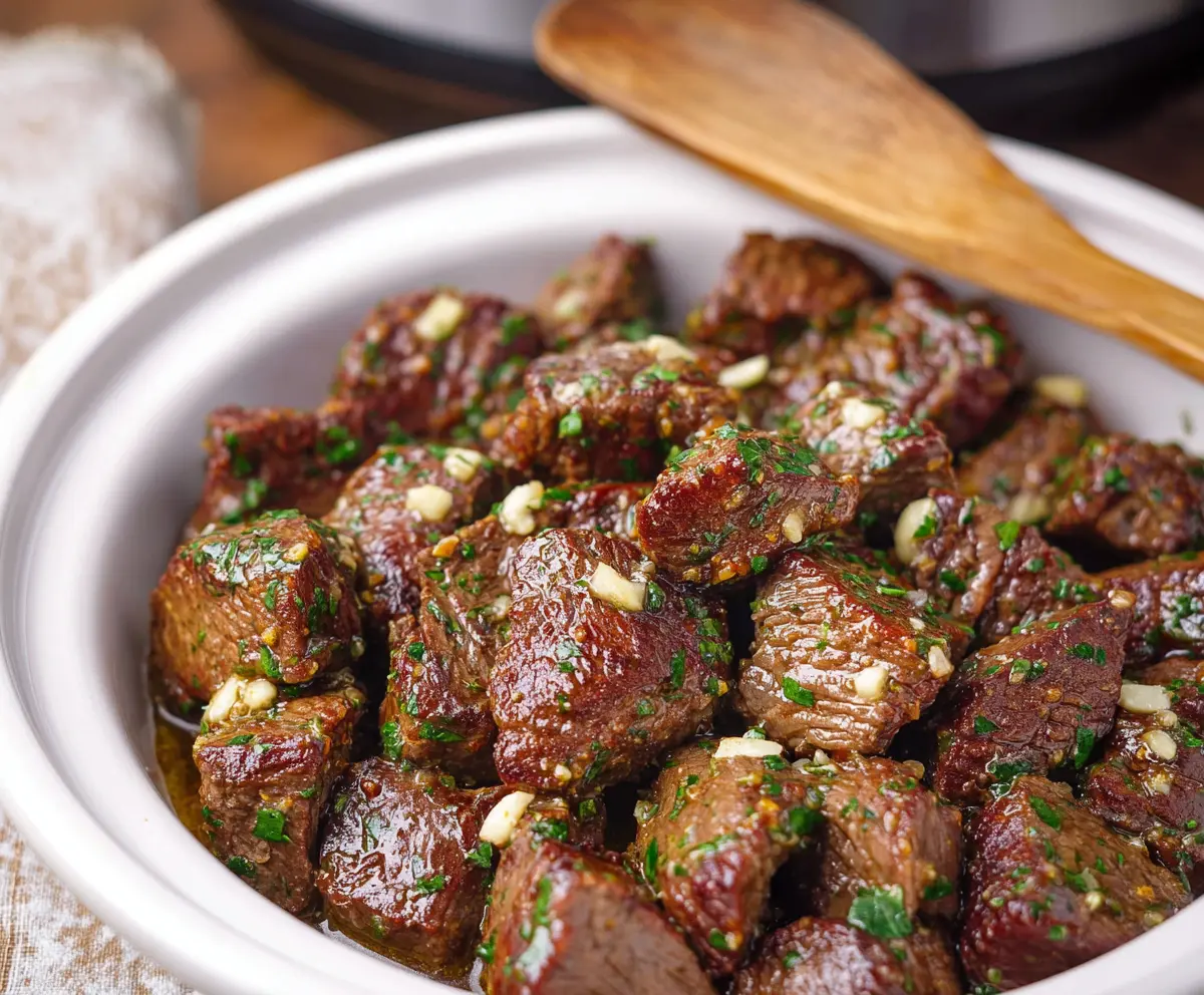 Delicious crockpot garlic butter steak bites served on a plate with herbs.
