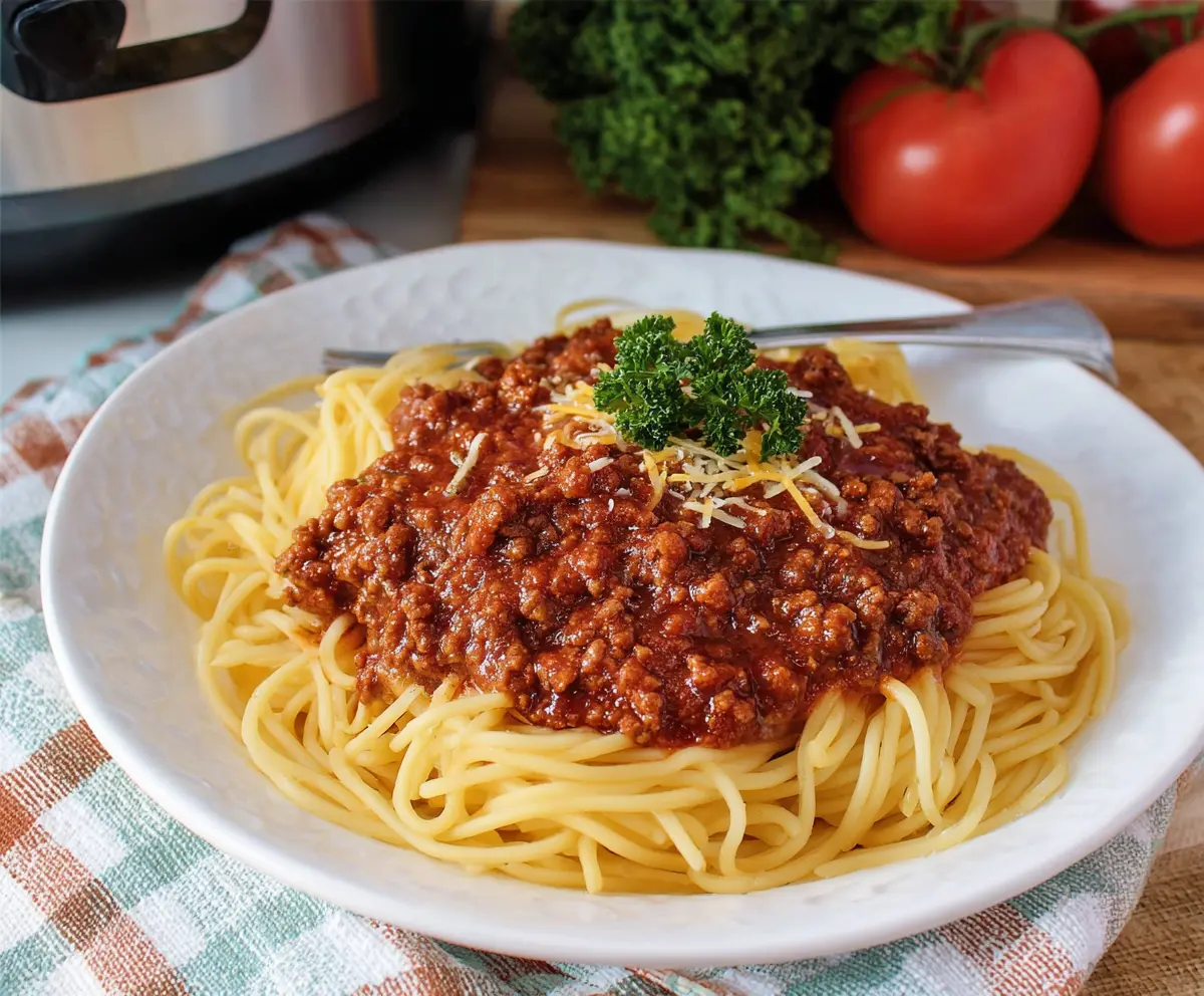 Delicious crockpot spaghetti with rich meat sauce served in a bowl, perfect for easy dinner plans.